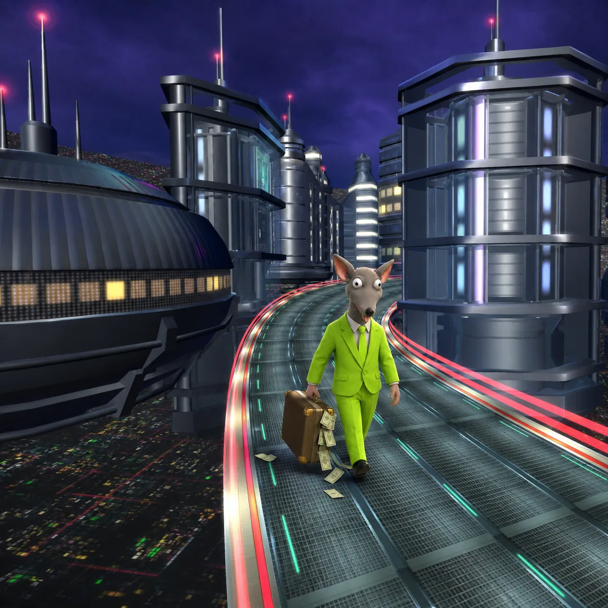 Market Mouse carrying an overstuffed suitcase