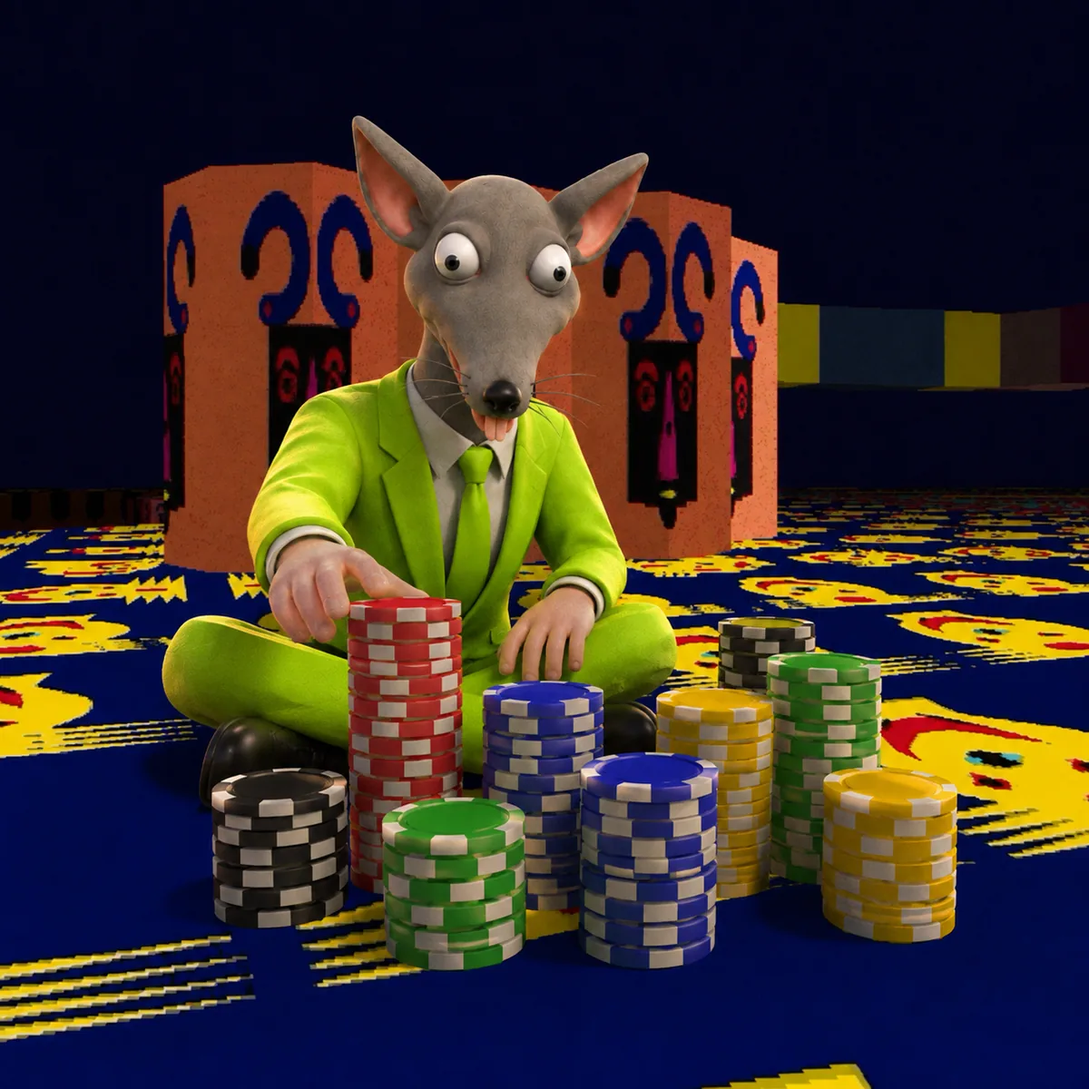 Market Mouse behind stacks of chips