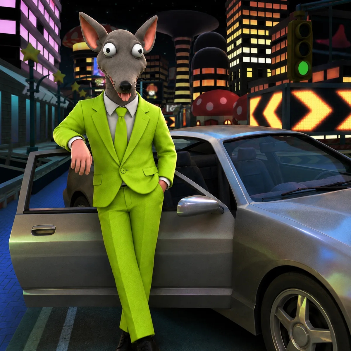 Market Mouse leaning on a car at night